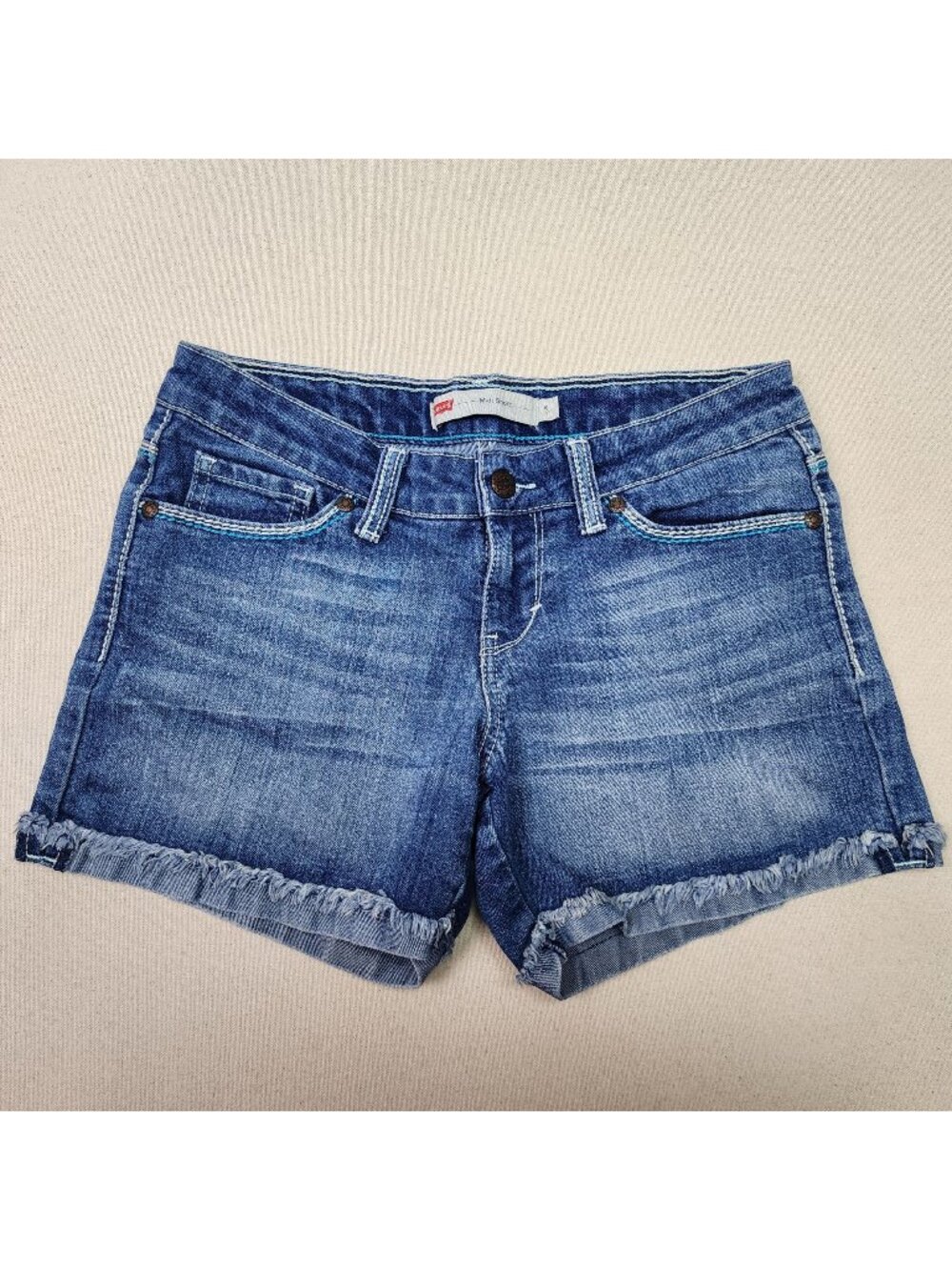 Levi Women's Distressed Midi Short Low Rise Blue Jean Shorts w/Blue Thread Sz 5